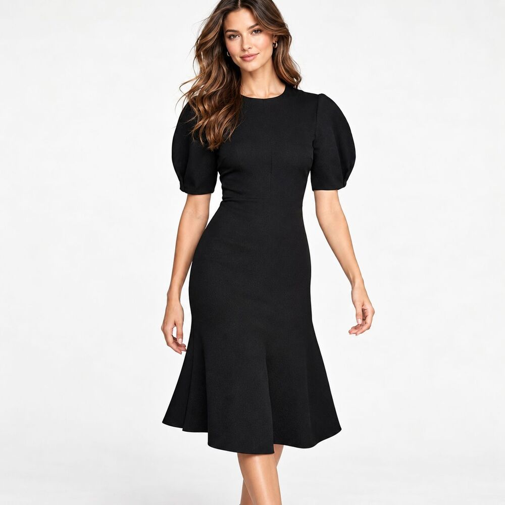 Lane JT Black Midi Dress S Puff Sleeve Fit Flare Textured Cocktail Party